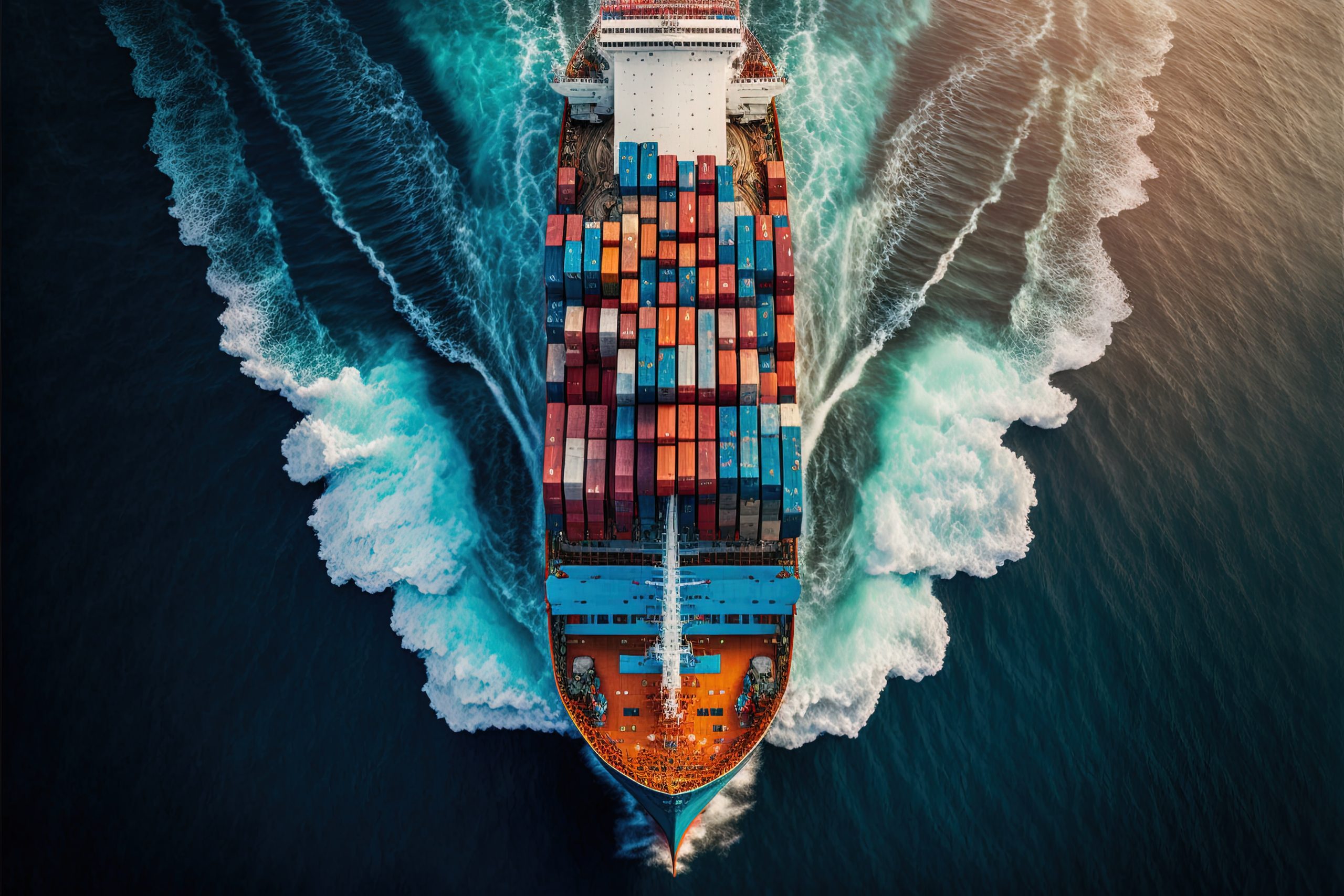 A ship carrying international export products across the ocean
