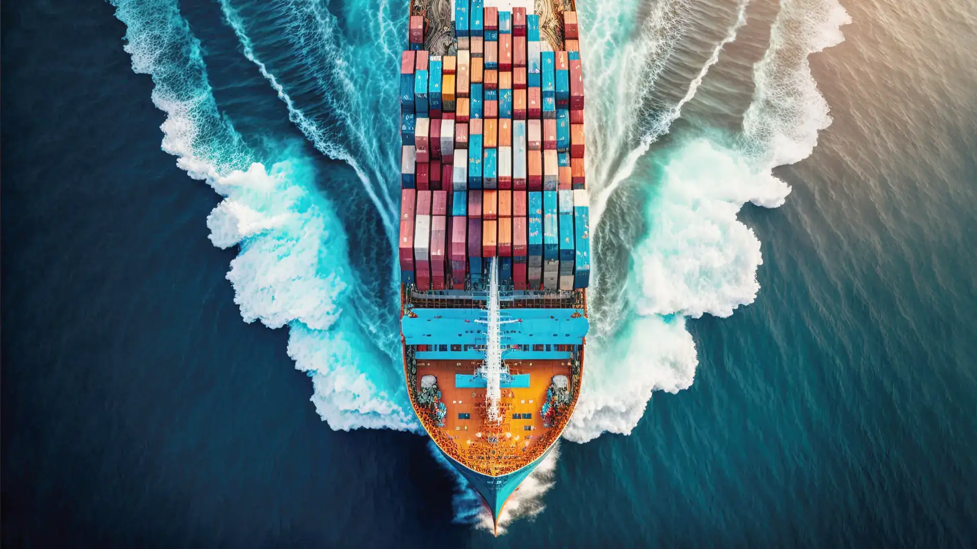 Aerial view of a container ship at sea